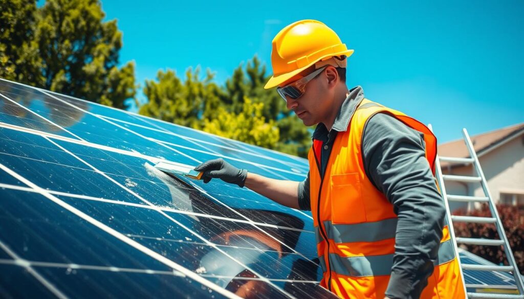 A sunny residential backyard with a well-maintained solar panel array. In the foreground, a person wearing a hard hat, goggles, and a high-visibility vest is carefully wiping the panels with a squeegee, meticulously removing any accumulated dust, dirt, or debris. The panels are angled to capture the optimal sunlight, and the surrounding landscape features lush greenery and a clear, blue sky. The lighting is bright and natural, creating crisp shadows and highlighting the intricate details of the solar panels. A professional-grade ladder is propped against the side of the house, indicating the scale and complexity of the cleaning task. The overall scene conveys a sense of diligence, efficiency, and the importance of proper solar panel maintenance for maximizing energy output.