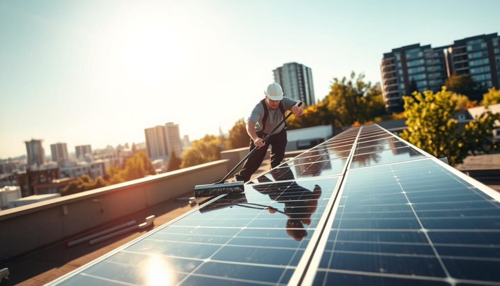 A sunny rooftop in Bellevue, WA, with a technician carefully cleaning a row of solar panels using a specialized squeegee and cleaning solution. The panels glisten in the warm afternoon light, their surfaces free of dust and debris. In the background, a cityscape of modern high-rises and lush greenery. The technician's movements are precise and methodical, ensuring the panels' optimal performance and efficiency. The scene conveys a sense of diligence and environmental responsibility, reflecting the importance of regular solar panel maintenance in the Pacific Northwest climate.