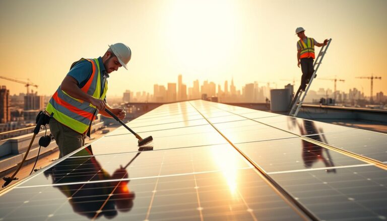 A sunny rooftop in Jersey City, NJ, featuring a team of professional solar panel cleaners meticulously wiping down gleaming panels. In the foreground, a worker in a high-vis vest uses a specialized cleaning tool, while a partner carefully inspects the results through a loupe. In the middle ground, another worker ascends a ladder, carrying a bucket of cleaning solution. The background showcases the city skyline, with skyscrapers and cranes in the distance, underscoring the urban setting. Warm lighting casts a golden glow, reflecting off the panels and creating a sense of productivity and efficiency. The overall atmosphere conveys the expertise and care taken in maintaining these solar energy systems for optimal performance.