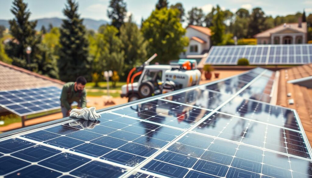 A sunny, well-lit outdoor scene depicting a professional solar panel cleaning service in action. In the foreground, a worker in a uniform carefully wiping down the solar panels with a microfiber cloth, ensuring the surfaces are clean and free of debris. In the middle ground, a specialized solar panel cleaning truck with its equipment visible, suggesting a high-quality, thorough service. The background features a picturesque residential or commercial property with neatly arranged rows of solar panels installed on the roof, conveying the idea of reliable, efficient energy solutions. The overall mood is one of expertise, diligence, and a commitment to maintaining optimal solar panel performance.