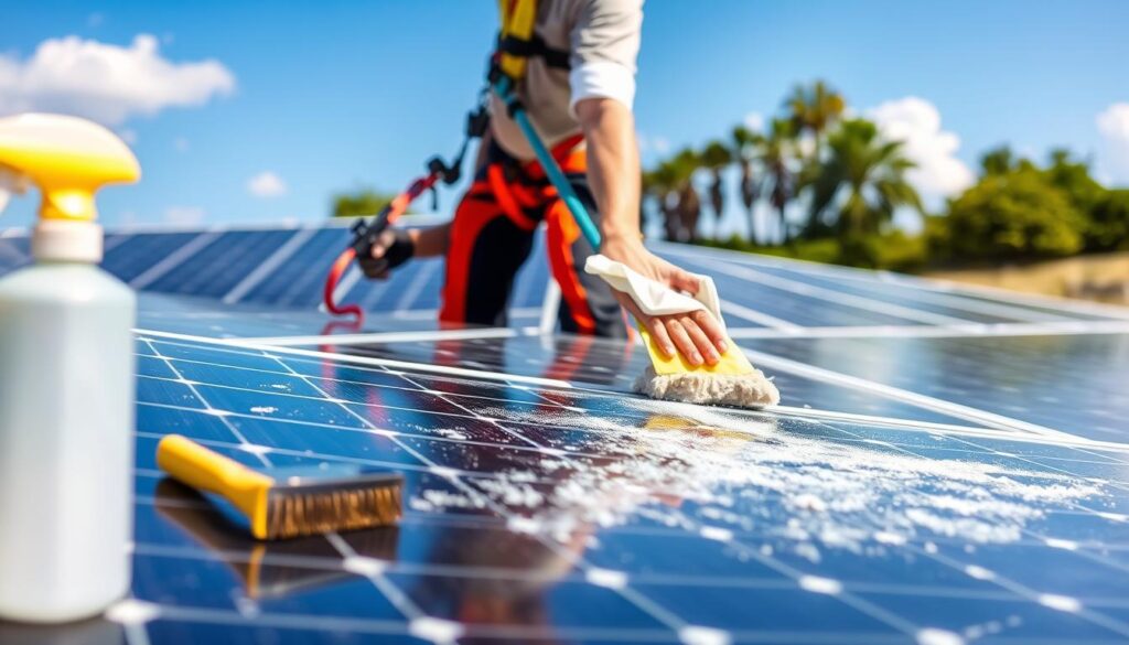 A sunny, well-lit outdoor scene depicting a professional solar panel cleaning service in action. In the foreground, a worker in a safety harness carefully wipes down solar panels with a soft cloth, removing dust and debris. The middle ground shows the worker's specialized cleaning equipment, including a long-handled brush and a biodegradable cleaning solution. In the background, a row of pristine, gleaming solar panels stands out against a cloudless blue sky. The composition emphasizes the attention to detail and expertise required for thorough solar panel maintenance, conveying a sense of care and diligence.