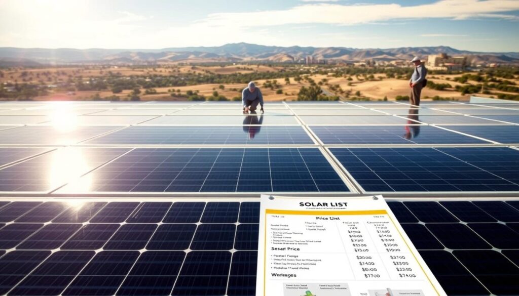 A sunny, well-lit overhead view of a clean, shiny solar panel array with a detailed price list or service plan laid out neatly in the foreground, showcasing different tiers of solar panel cleaning packages. The middle ground features a team of professional cleaners in uniform diligently maintaining the panels, while the background depicts a picturesque Bakersfield skyline with rolling hills. The image should convey a sense of efficiency, reliability, and the importance of proper solar panel upkeep for maximum energy production.