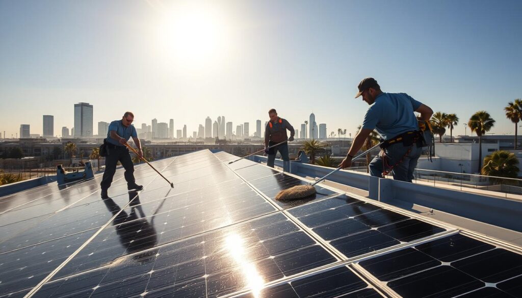 A team of professional solar panel cleaners diligently wiping down an array of solar panels on a rooftop, with the sun's rays casting a warm glow across the scene. In the foreground, a technician is carefully inspecting the panels, using specialized tools to remove any dirt or debris. In the middle ground, another worker is gently scrubbing the panels, ensuring a thorough and efficient clean. The background features a cityscape of skyscrapers and palm trees, creating a quintessential Los Angeles atmosphere. The overall scene conveys the care and attention to detail that a professional solar panel cleaning service would provide.