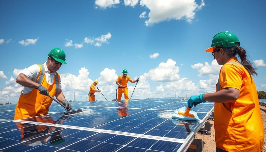 A team of professional solar panel cleaners working diligently in a sunny, open-air setting. In the foreground, two technicians carefully wiping down the solar panels with specialized cleaning tools, ensuring the surface is spotless and reflective. The middle ground features a well-maintained solar array, with panels arranged in neat rows, capturing the sun's rays. In the background, a clear blue sky with fluffy white clouds creates a serene, picturesque backdrop. The overall scene conveys a sense of expertise, efficiency, and care in maintaining the optimal performance of the solar installation.