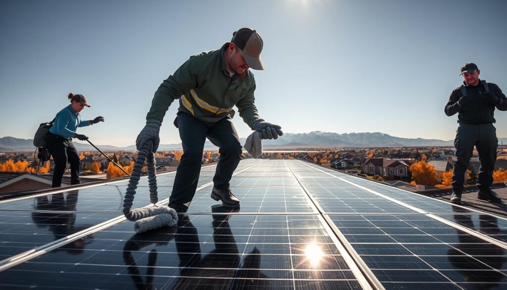 A team of professional solar panel cleaners working diligently on a rooftop in West Valley City, UT on a crisp autumn morning. The foreground depicts two technicians carefully wiping down the panels with microfiber cloths, ensuring maximum efficiency and light absorption. The middle ground shows the solar array in its entirety, surrounded by a well-manicured residential neighborhood under a bright, clear sky. In the background, the Wasatch mountain range stands tall, providing a picturesque backdrop. The lighting is natural and diffused, creating long shadows and highlighting the texture of the panels. The overall scene conveys a sense of care, professionalism, and environmental responsibility.