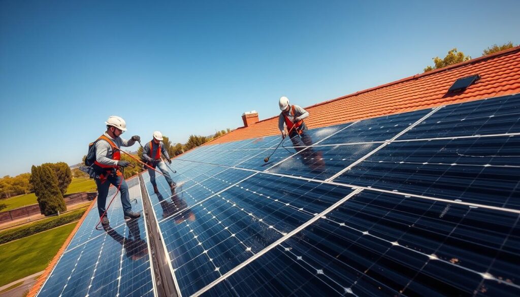 A team of professional solar panel technicians carefully cleaning a large, residential rooftop solar array on a sunny day. The workers are using specialized cleaning tools and solutions to meticulously wipe down each panel, removing any dirt, debris or grime that has accumulated on the surfaces. The panels are glistening in the warm, direct sunlight, which casts long shadows across the rooftop. The workers are wearing protective gear like harnesses and goggles to ensure their safety as they move about the rooftop. In the background, a lush green lawn and trees are visible, creating a pleasant, natural setting for the cleaning process.