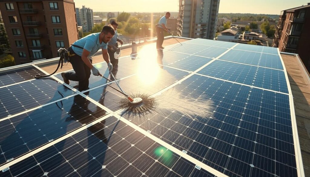 A team of professional technicians carefully cleaning solar panels on the rooftop of a residential building in Chicago, IL. The sun is shining brightly, casting long shadows and highlighting the intricate structure of the panels. The technicians use specialized tools and eco-friendly solutions to meticulously wipe away dust, grime, and debris, ensuring maximum efficiency and energy production. The scene conveys a sense of diligence, attention to detail, and a commitment to sustainable practices, reflecting the high-quality services offered by Chicago's leading solar panel cleaning providers.