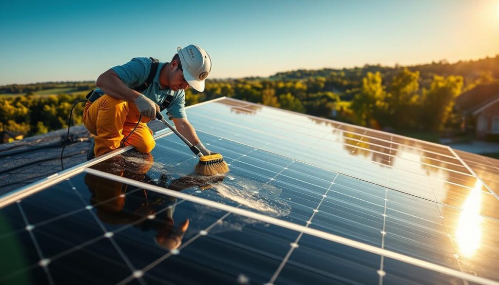 A technician cleaning solar panels on a residential rooftop in Clarksville, Tennessee. The mid-afternoon sun casts warm, golden light onto the scene, highlighting the sleek black panels and the worker's focused movements as they use a specialized cleaning brush and solution to meticulously wipe away dust and grime. In the background, a lush green landscape and clear blue sky create a picturesque setting, showcasing the benefits of professional solar panel maintenance for optimal energy production in the local climate.