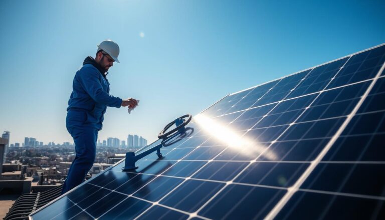 A technician in a blue jumpsuit performing routine maintenance on a rooftop solar panel array, with a clear blue sky in the background. The technician is carefully wiping down the solar panels with a cloth, ensuring optimal performance and efficiency. Bright sunlight illuminates the scene, casting long shadows across the rooftop. In the distance, the cityscape of Elizabeth, New Jersey is visible, highlighting the urban setting in which this solar service operates. The overall tone is one of diligence and professionalism, capturing the care and attention required to maintain top-notch solar panel performance.