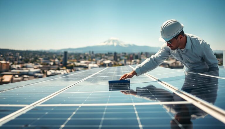A technician in a crisp, clean uniform carefully inspects a rooftop solar panel array on a sunny, cloudless day. The panels gleam in the bright, directional light, their surfaces free of dust and debris. In the middle ground, the technician uses a specialized cleaning tool to gently wipe down the panels, ensuring maximum efficiency. In the background, the cityscape of Tacoma, Washington spreads out, with the iconic Mount Rainier towering in the distance. The scene conveys a sense of professional expertise, attention to detail, and environmental responsibility in maintaining the optimal performance of the solar power system.