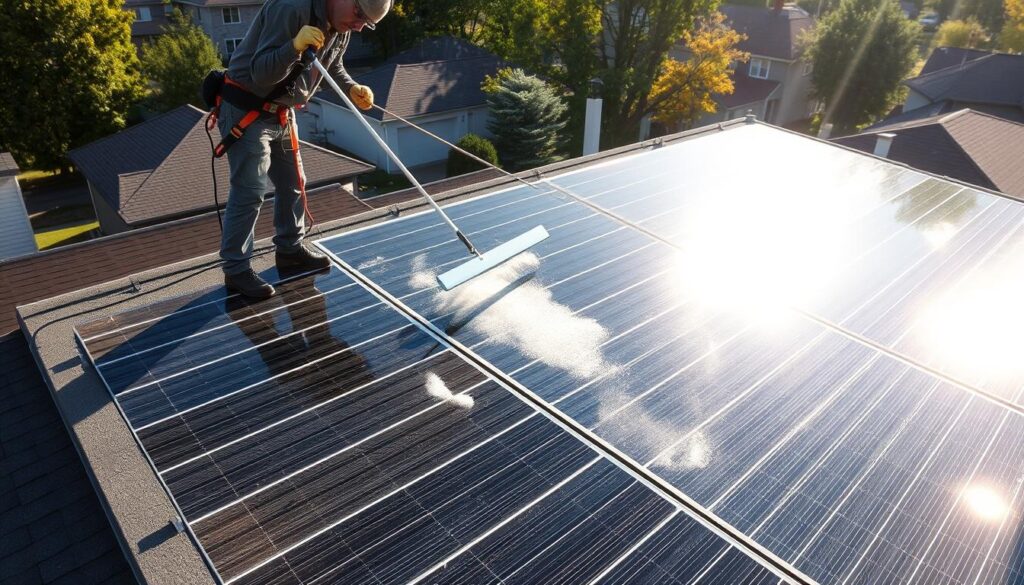 A technician using a squeegee to clean solar panels on the rooftop of a residential home in Utica, NY. The panels are angled towards the sun, casting long shadows across the roof. Bright sunlight streams in, creating dynamic lighting and shadows. The technician is wearing a safety harness and using a specialized cleaning solution to remove grime and debris from the panel surfaces. The surrounding neighborhood is visible in the background, with trees and other houses creating a urban context. The overall scene conveys the importance of regular solar panel maintenance to maximize energy efficiency in Utica's sunny climate.
