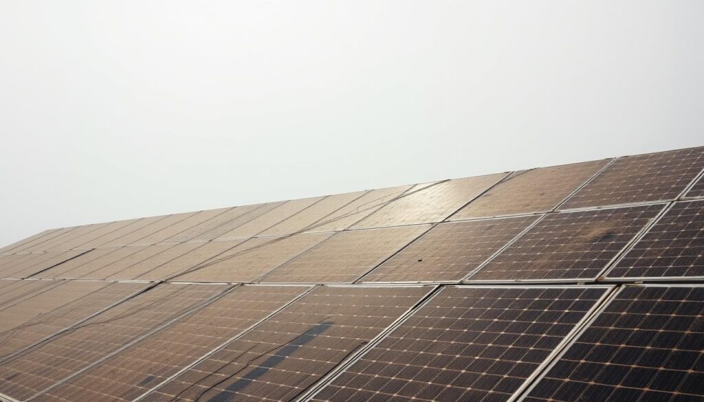 A tightly packed array of solar panels, their surfaces coated in a thick layer of dust and grime. The panels are tilted at a slight angle, casting long shadows across their dimmed surfaces. The sky above is hazy, with muted sunlight filtering through a veil of atmospheric pollution. The panel frames are weathered and discolored, suggesting years of neglect. The overall scene conveys a sense of diminished efficiency and the need for diligent maintenance to restore the panels' optimal energy-producing capabilities.
