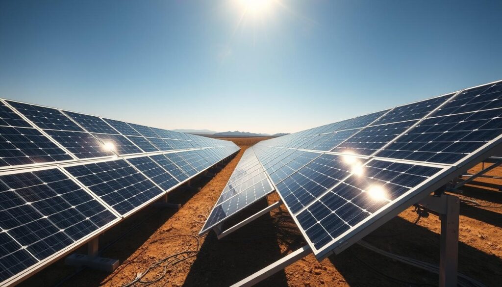 A vast solar farm situated in the heart of Bakersfield, California, under the scorching sun. In the foreground, rows of sleek, gleaming solar panels capture the intense sunlight, their surfaces reflecting the azure sky above. The middle ground showcases the intricate engineering of the solar array, with robust metal frames and efficient wiring systems. In the background, the rugged, sun-kissed landscape of the Bakersfield region dominates the scene, with distant rolling hills and a hazy horizon. The lighting is sharp and dramatic, casting deep shadows that accentuate the panels' geometric forms. The overall mood is one of power, innovation, and the triumph of renewable energy over the region's challenging climate.