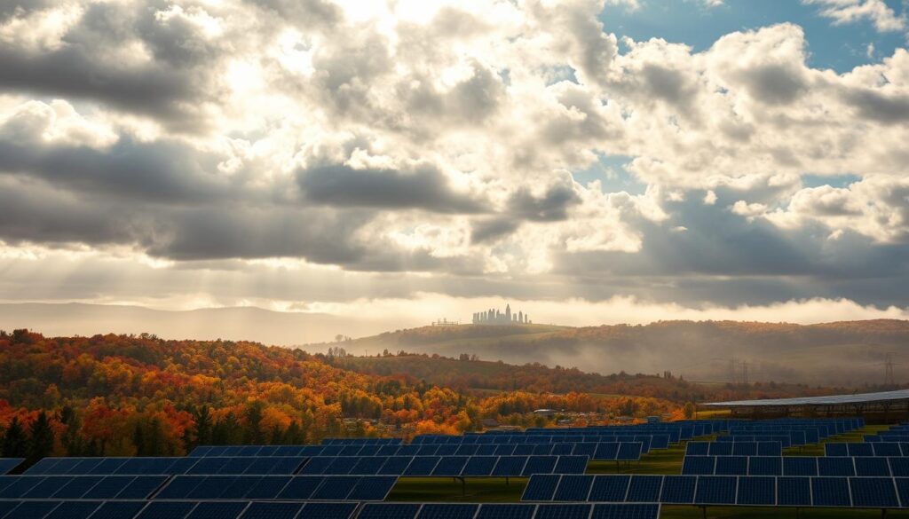 A vast, sun-dappled landscape in Albany, NY, with solar panels of varying sizes and orientations dotting the rolling hills. In the foreground, thick clouds cast long shadows upon the panels, reducing their efficiency. Raindrops pelt the surfaces, streaking the glass. A light fog obscures the distant panels, while a sudden gust of wind causes some to sway. The rich, autumnal colors of the surrounding foliage create a vibrant backdrop, emphasizing the interplay between nature and technology. Warm, diffused lighting illuminates the scene, capturing the nuances of how Albany's weather impacts the performance of these renewable energy sources.