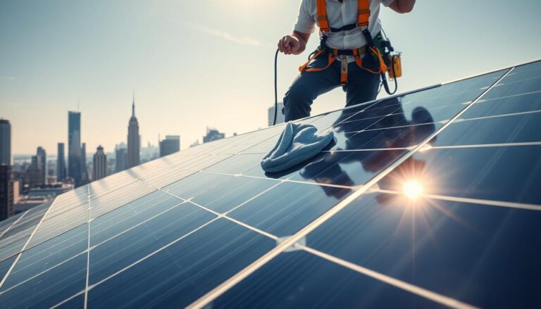 A vibrant, high-resolution image of solar panel cleaning efficiency. Clear morning sunlight illuminates the sleek, modern solar panels mounted on a rooftop in a bustling urban skyline. In the foreground, a technician in a safety harness carefully wipes the panels with a microfiber cloth, meticulously removing any dust or grime to maximize the panels' energy output. The mid-ground features a close-up view of the cleaning process, showcasing the technician's expertise and the panels' pristine, reflective surfaces. In the background, the cityscape of New York City's skyscrapers creates a dynamic, yet serene, backdrop, emphasizing the importance of efficient solar power in urban environments.