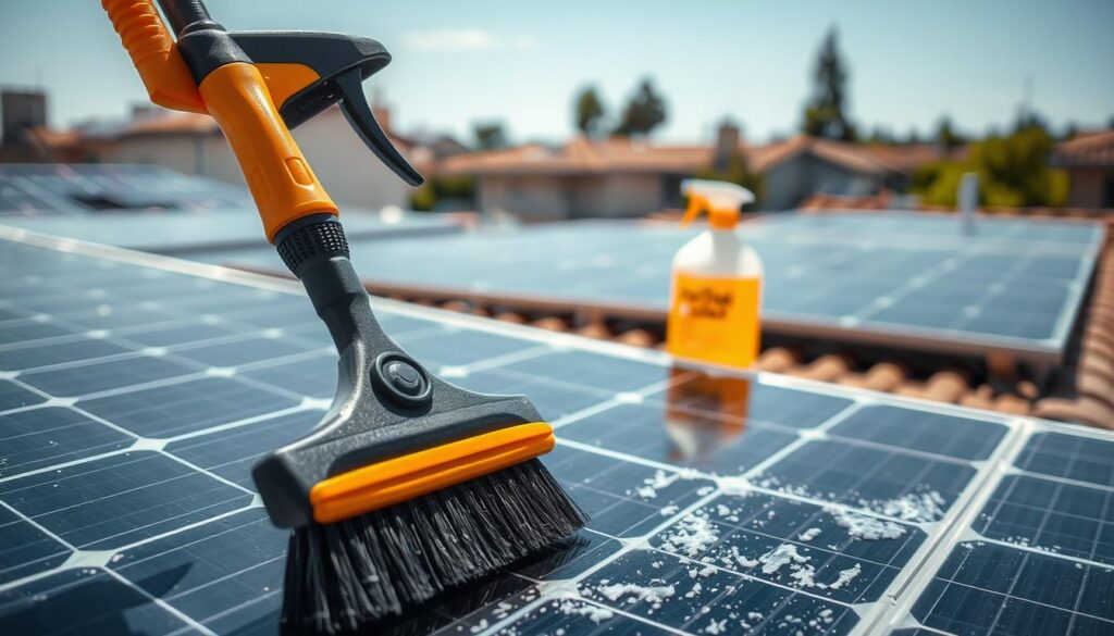 A well-lit, close-up view of professional solar panel cleaning equipment, including a specialized brush, squeegee, and cleaning solution. The equipment is positioned in the foreground, with a blurred background of residential solar panels on rooftops. The lighting is bright and natural, with soft shadows adding depth and texture. The angle showcases the intricate design and functionality of the cleaning tools, highlighting their purpose and effectiveness for maintaining optimal solar panel performance.