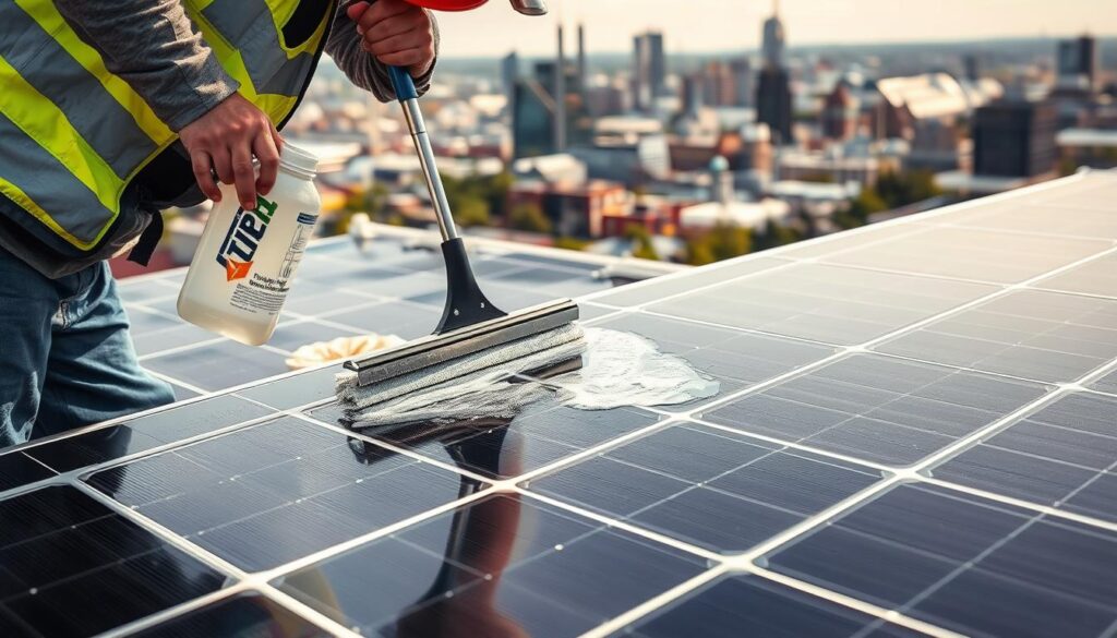A well-lit, detailed image of solar panels being cleaned by a professional service technician in Baltimore, Maryland. The foreground shows the technician using a squeegee and cleaning solution to meticulously wipe down the solar panels. In the middle ground, the solar array is prominently displayed, showcasing the panels' sleek, reflective surfaces. The background features a cityscape of Baltimore, with landmarks like the Inner Harbor visible. The lighting is natural and warm, creating a sense of energy efficiency and environmental responsibility. The overall mood is professional, informative, and highlights the importance of regular solar panel maintenance for optimal performance.