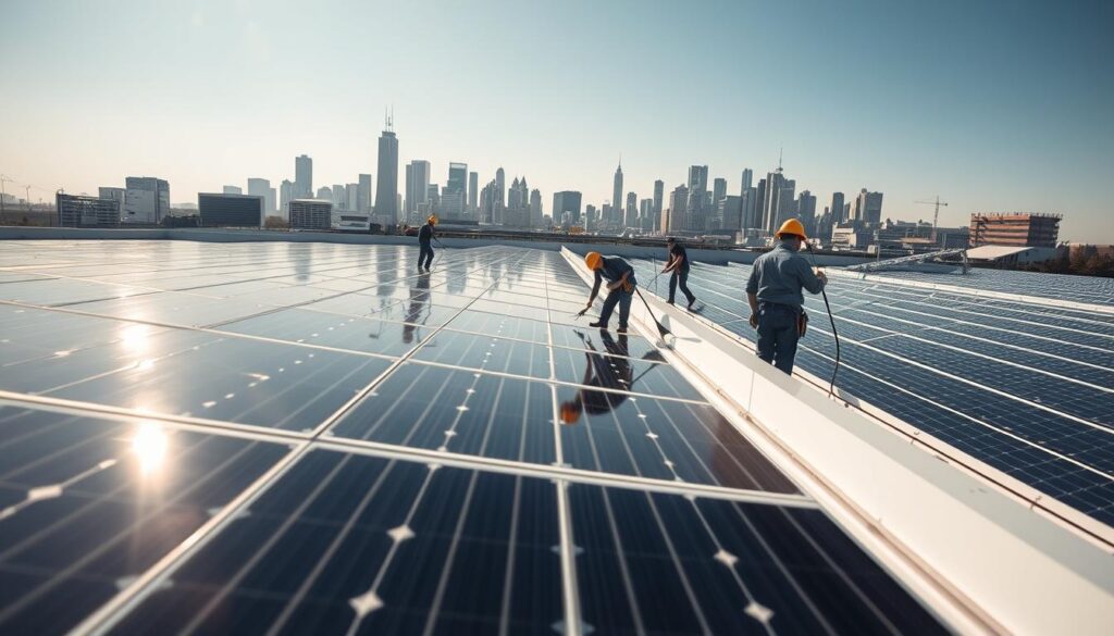 A well-lit, expansive commercial rooftop on a sunny day, solar panels glistening in the light. In the foreground, a team of technicians in uniform, carefully cleaning the panels with soft cloths and specialized tools, ensuring optimal energy efficiency. The middle ground showcases the scale of the installation, with rows of solar panels stretching towards the horizon. In the background, the city skyline of Des Moines, IA stands tall, a testament to the city's commitment to renewable energy. The scene conveys a sense of diligence, professionalism, and the benefits of regular solar panel maintenance.
