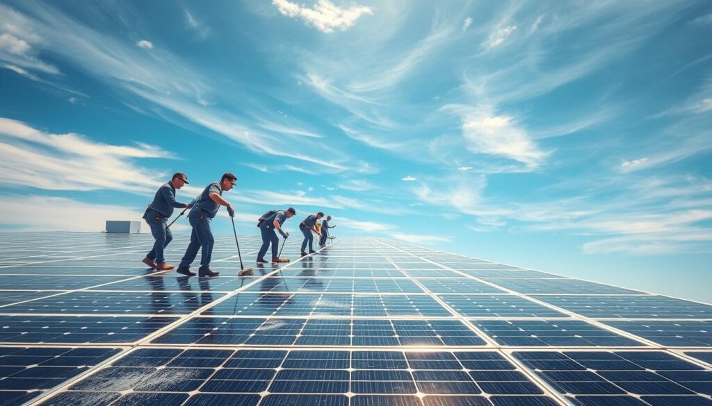 A well-lit, expansive rooftop with solar panels arranged in neat rows. In the foreground, a team of professionals in uniform cleaning the panels with microfiber cloths and specialized tools, meticulously removing dust and debris. The mid-ground showcases the impressive scale of the solar array, its shiny surfaces gleaming under the warm, natural lighting. In the background, a clear blue sky with wispy clouds, conveying a sense of tranquility and the renewable energy potential. The scene radiates efficiency, expertise, and the benefits of professional solar panel maintenance for maximizing energy output.