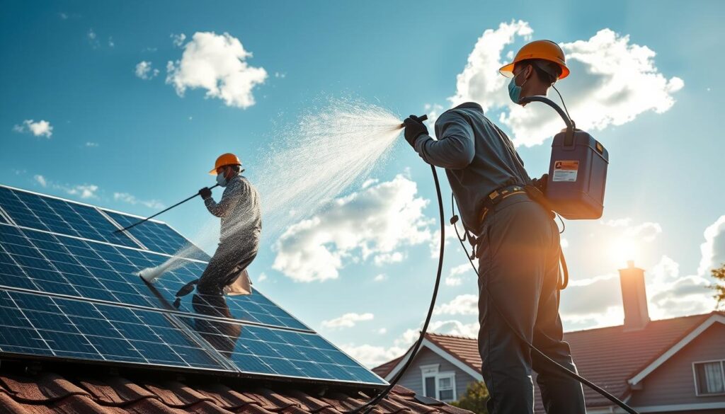 A well-lit exterior scene of a professional roof cleaning service in action. In the foreground, two workers in protective gear carefully scrubbing and rinsing the solar panels on a residential rooftop, using specialized cleaning tools and solutions. In the middle ground, a truck with the company's logo is parked nearby, while in the background, a clear blue sky with fluffy white clouds creates a serene atmosphere. The lighting is natural, with the sun casting a warm glow on the scene. The overall composition emphasizes the efficiency and care taken by the roof cleaning professionals.