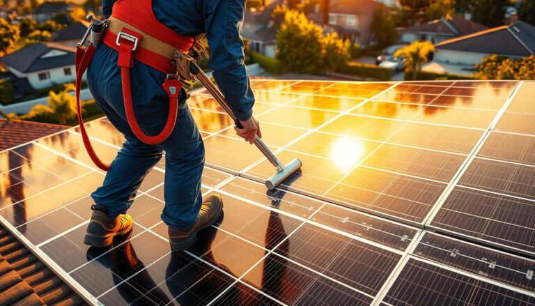 A well-lit, high-angle shot of a technician in a safety harness carefully inspecting and cleaning a bank of solar panels on a residential rooftop. The panels are bathed in warm, golden sunlight, casting subtle shadows across their sleek, reflective surfaces. The technician, clad in a blue jumpsuit and work boots, is using a specialized cleaning tool to gently wipe away any accumulated dirt or grime, ensuring optimal energy efficiency. The surrounding neighborhood is visible in the background, with lush greenery and well-maintained homes, conveying a sense of sustainable, eco-conscious living.