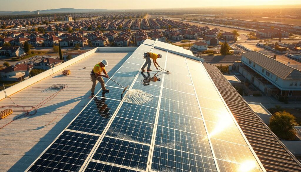A well-lit, high-angle view of a commercial building's roof, featuring rows of solar panels being meticulously cleaned by a team of professional technicians. The workers are using specialized equipment like long-handled squeegees and microfiber cloths to wipe down the panels, ensuring maximum efficiency and energy output. The scene conveys a sense of diligence and attention to detail, with the panels gleaming under the warm, golden sunlight. In the background, a residential neighborhood with smaller, evenly-spaced rooftop solar arrays can be seen, hinting at the contrast between commercial and residential solar panel maintenance.