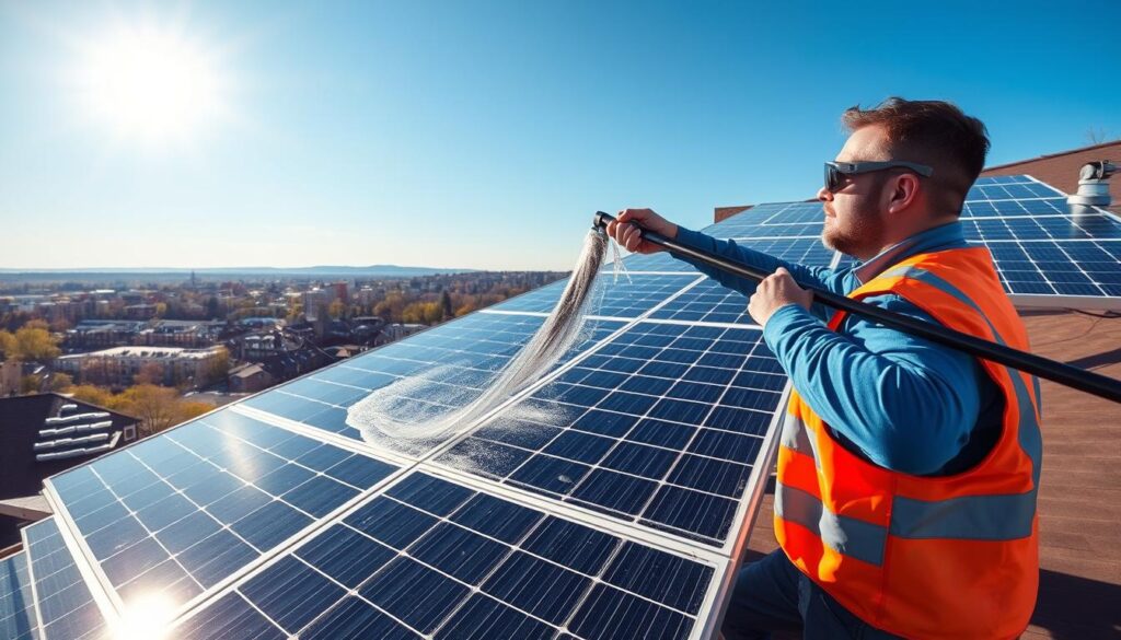 A well-lit, high-angle view of a professional solar panel cleaning service in action. In the foreground, a worker in a safety vest and goggles carefully wipes down the solar panels with a long-handled squeegee, leaving them spotless. In the middle ground, a state-of-the-art cleaning truck with specialized equipment is parked nearby. The background features a scenic Utica, NY cityscape, with the sun shining brightly in a clear blue sky, highlighting the efficient renewable energy system. The image conveys the benefits of professional solar panel cleaning - increased energy output, extended lifespan, and a well-maintained, eco-friendly installation.