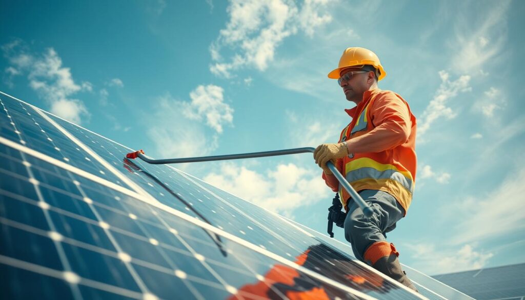 A well-lit, high-angle view of a solar panel installation, with a worker in the foreground wearing personal protective equipment (PPE) such as a hard hat, safety glasses, and non-slip boots. The worker is using a long-handled squeegee to carefully clean the solar panels, ensuring they are free of dirt, dust, and debris. The background features a clear, blue sky with scattered wispy clouds, conveying a serene and safe working environment. The overall scene emphasizes the importance of proper safety protocols and equipment when maintaining solar energy systems.