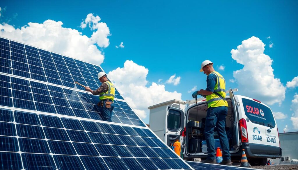 A well-lit, high-definition photograph of a professional solar panel cleaning service team at work. In the foreground, two technicians in uniforms and safety gear meticulously clean a large rooftop solar array using specialized tools and equipment. The middle ground showcases their van with company branding and the neatly organized cleaning supplies. In the background, a clear blue sky with fluffy white clouds sets an optimistic tone. The image conveys efficiency, expertise, and a commitment to maintaining optimal solar panel performance.