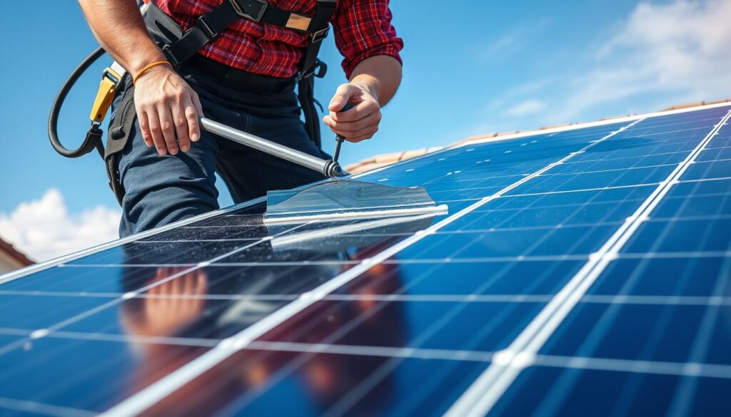 A well-lit, high-resolution close-up photograph of a solar panel being cleaned by a professional technician wearing a safety harness. The panel is situated on a residential rooftop with a clear blue sky in the background. The technician is using a specialized squeegee and cleaning solution to wipe away dust and debris, revealing the panel's shiny surface. The image conveys a sense of efficiency, attention to detail, and the importance of proper solar panel maintenance for optimal energy generation and cost savings.