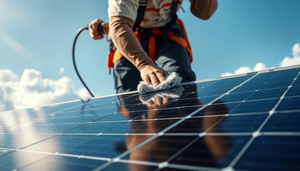 A well-lit, high-resolution image of a professional solar panel cleaning process. In the foreground, a worker in a safety harness gently wiping down the solar panels with a microfiber cloth, ensuring a streak-free, gleaming surface. The middle ground showcases the panel array, its rows of sleek, modern photovoltaic cells capturing the sunlight. In the background, a clear blue sky with fluffy clouds, creating a serene, natural atmosphere. Soft, diffused lighting illuminates the scene, highlighting the intricate textures and details of the panels. The camera angle provides a slightly elevated perspective, allowing the viewer to fully appreciate the scale and precision of the cleaning operation.