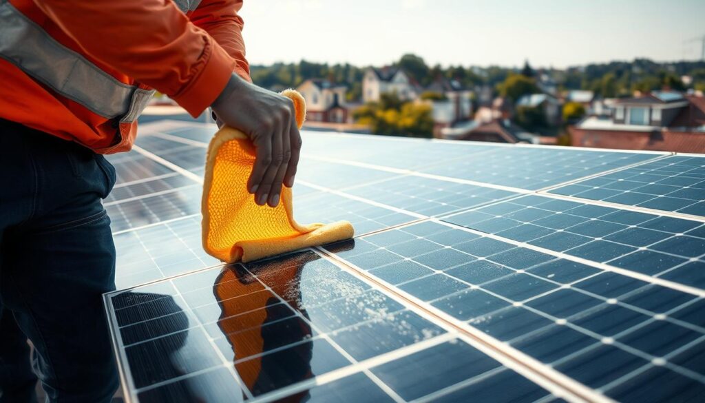 A well-lit, high-resolution image of a professional solar panel cleaning service in action in Lynn, MA. The foreground shows a technician carefully wiping down a solar panel with a microfiber cloth, showcasing the attention to detail and care taken during the cleaning process. The middle ground features the solar panels themselves, arranged in a neat grid pattern, their surfaces gleaming after the thorough cleaning. The background depicts the cityscape of Lynn, with its distinctive architecture and lush greenery, highlighting the urban setting of this renewable energy installation. The lighting is soft and natural, creating a warm, inviting atmosphere that emphasizes the benefits of professional solar panel maintenance.