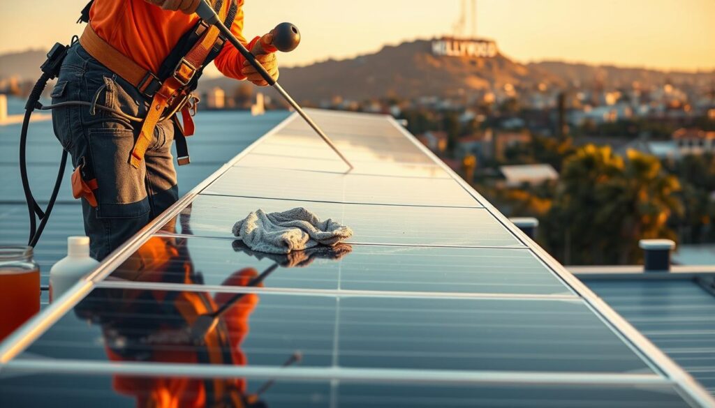 A well-lit, high-resolution photograph of a professional solar panel cleaning service in action in Los Angeles, CA. The foreground shows a worker in a safety harness carefully wiping down a row of sleek, modern solar panels with a microfiber cloth, removing any accumulated dust and grime. The middle ground features the worker's equipment, including a specialized cleaning solution and a long-handled squeegee. The background showcases the stunning Los Angeles cityscape, with the iconic Hollywood sign visible in the distance, bathed in warm, golden sunlight. The scene conveys the efficiency, attention to detail, and environmental benefits of professional solar panel cleaning in the City of Angels.