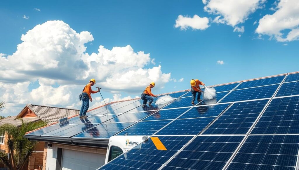A well-lit outdoor scene featuring a professional solar panel cleaning service team meticulously maintaining a large array of shiny, modern solar panels installed on the rooftop of a residential home in Glendale, Arizona. The workers, wearing safety gear, carefully wipe down the panels with specialized cleaning tools, removing dust and debris to maximize energy efficiency. In the middle ground, a state-of-the-art cleaning truck is parked nearby, its side adorned with the company's logo. In the background, a clear blue sky with fluffy white clouds creates a serene, picturesque atmosphere, highlighting the environmental benefits of solar power.