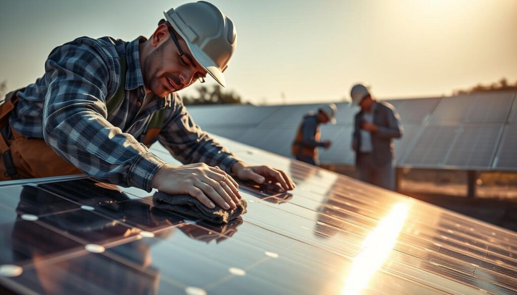 A well-lit outdoor scene featuring a team of skilled technicians performing various solar panel maintenance tasks. In the foreground, a worker diligently cleans the solar panels using a microfiber cloth, ensuring the surface is free of dirt and debris. In the middle ground, another technician inspects the electrical connections, meticulously checking for any issues. The background showcases the solar array, its panels gleaming in the warm, natural lighting. The overall atmosphere conveys a sense of professionalism, attention to detail, and a commitment to optimizing the efficiency and longevity of the solar power system.