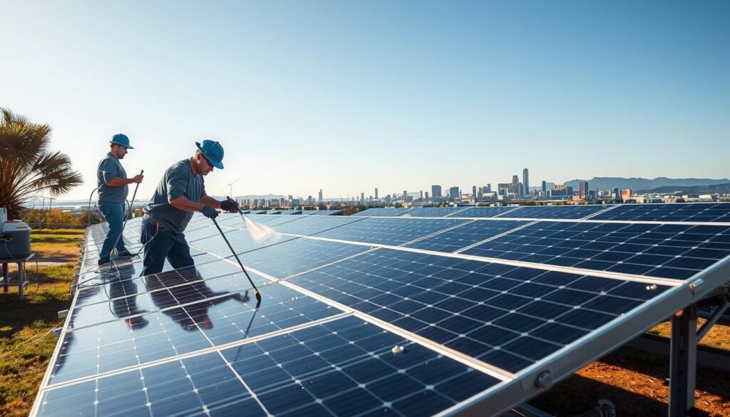 A well-lit outdoor scene showcasing professional solar panel cleaning services in Concord, NC. In the foreground, a team of skilled technicians meticulously scrubbing and rinsing solar panels, using specialized tools and eco-friendly cleaning solutions. The middle ground features a row of neatly arranged solar panels, their surfaces gleaming under the warm sunlight. In the background, a picturesque view of the Concord skyline, highlighting the city's commitment to renewable energy. The overall atmosphere conveys a sense of efficiency, environmental consciousness, and the tangible benefits of professional solar panel maintenance.