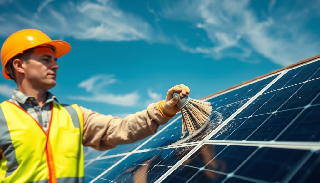A well-lit outdoor scene showcasing the maintenance of solar panels. In the foreground, a technician in a safety vest is carefully cleaning the solar panels with a soft brush, removing dust and debris. The middle ground features the solar array on a residential rooftop, with the panels angled towards the sun. In the background, a clear blue sky with wispy clouds. The lighting is natural and even, creating defined shadows and highlights that accentuate the texture of the panels. The overall mood is one of diligence and care, conveying the importance of regular solar panel maintenance for optimal energy production and system longevity.