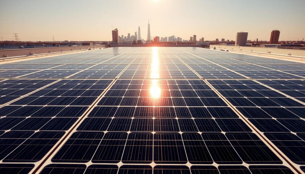 A well-lit solar panel array situated on a rooftop, with clear skies and the sun's rays streaming down. The panels are arranged in a symmetrical grid, their surfaces gleaming with an efficient, high-performance sheen. In the foreground, a close-up view showcases the intricate details of the photovoltaic cells, their intricate patterns and textures clearly visible. The middle ground features the broader array, demonstrating the scale and scope of the solar installation. In the background, a cityscape of Rochester, NY skyline provides context, highlighting the practical application of this renewable energy technology within an urban environment. The overall scene conveys a sense of clean, sustainable power generation, perfectly suited for the article's discussion of optimal solar panel maintenance in Rochester's unique weather conditions.