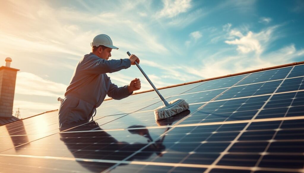 A well-lit, wide-angle shot of a technician in a blue jumpsuit using a microfiber mop to gently clean the surface of a residential rooftop solar panel array. The sunlight casts warm hues across the scene, illuminating the intricate details of the panels and the technician's focused movements. The background features a clear blue sky with wispy clouds, creating a sense of serenity and the importance of maintaining renewable energy sources. The composition highlights the simplicity and effectiveness of solar panel cleaning, dispelling common misconceptions about its difficulty or necessity.
