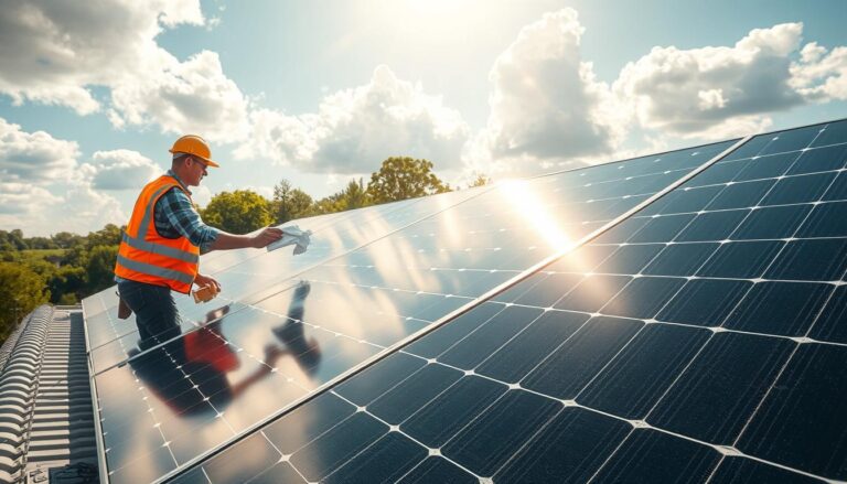 A well-maintained solar panel array on a sunny rooftop in Fayetteville, Arkansas. In the foreground, a worker in a reflective safety vest carefully cleans the panels with a soft cloth, ensuring maximum efficiency. Sunlight streams through fluffy white clouds, casting a warm glow over the scene. The middle ground features the sleek, modern design of the solar panels, their black surfaces gleaming. In the background, the verdant treetops of Fayetteville's lush landscape provide a natural backdrop, hinting at the sustainable energy powering the local community.