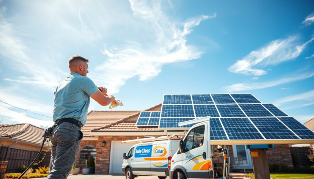 A wide, well-lit outdoor scene showing the front of a residential home with solar panels installed on the roof. In the foreground, a professional solar panel cleaning service worker is carefully wiping down the solar panels with a microfiber cloth, ensuring a spotless, streak-free finish. The middle ground features the worker's service van parked in the driveway, with cleaning supplies and tools visible. The background showcases a bright, sunny sky with a few wispy clouds, creating a warm, inviting atmosphere. The overall scene highlights the benefits of professional solar panel cleaning, including improved efficiency, increased lifespan, and a well-maintained, aesthetically pleasing appearance.