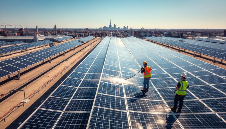 An aerial view of a large commercial solar panel array in New Bedford, MA on a sunny day. The panels are arranged in neat rows, gleaming in the bright sunlight. In the foreground, a team of technicians in bright safety vests are carefully cleaning the panels with specialized equipment, ensuring maximum efficiency and energy output. The background features the cityscape of New Bedford, with its bustling streets and towering buildings. The image conveys a sense of professionalism, environmental responsibility, and technological innovation in the field of solar panel maintenance and cleaning services.