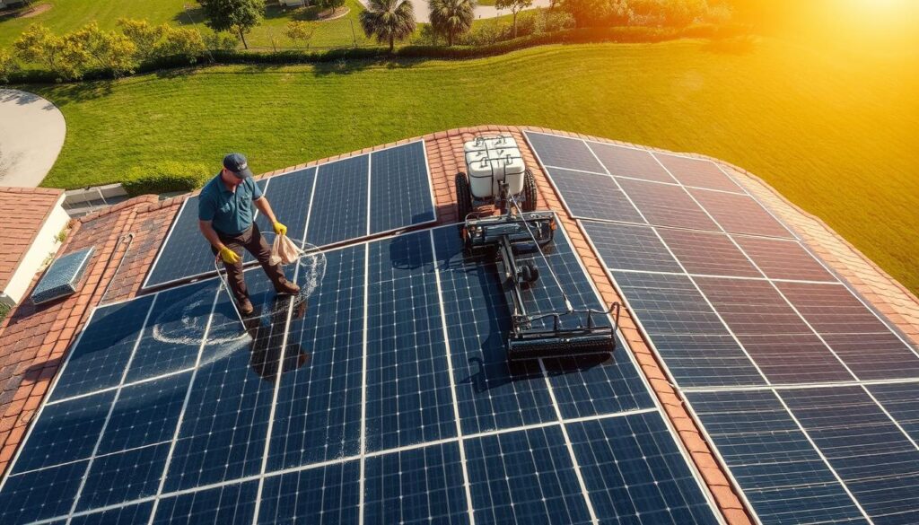 An aerial view of a residential rooftop with a professional solar panel cleaning service in action. The foreground shows two technicians carefully wiping down the solar panels with microfiber cloths, ensuring a spotless, streak-free surface. The middle ground features a specialized cleaning rig with brushes and purified water tanks, efficiently tackling the task. In the background, a lush, well-manicured lawn and a clear, sunny sky set the scene, emphasizing the benefits of maintaining optimal solar panel performance. Warm, natural lighting illuminates the whole scene, capturing the professionalism and care taken in this essential service.