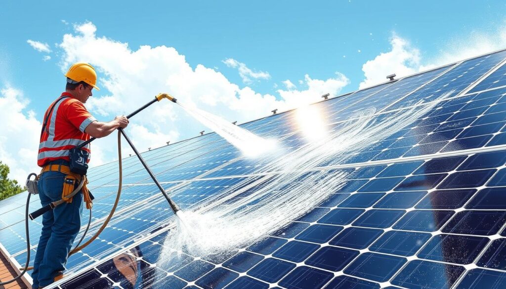 An image of RJ PowerWash technicians cleaning solar panels in Worcester, MA.