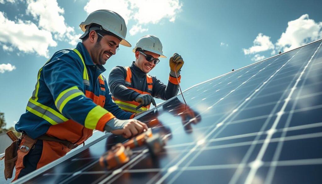 An image of Worcester Solar Maintenance technicians at work on a solar panel system.