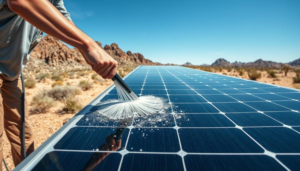 An image of a solar panel being cleaned in the Arizona desert