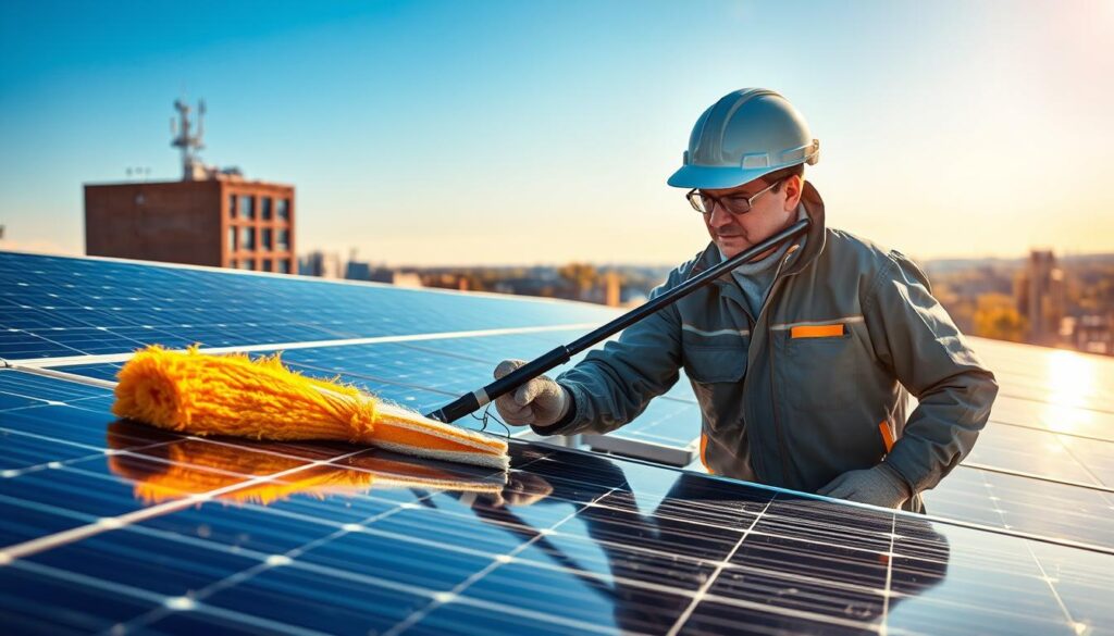 An image of a technician cleaning solar panels in Albany, NY