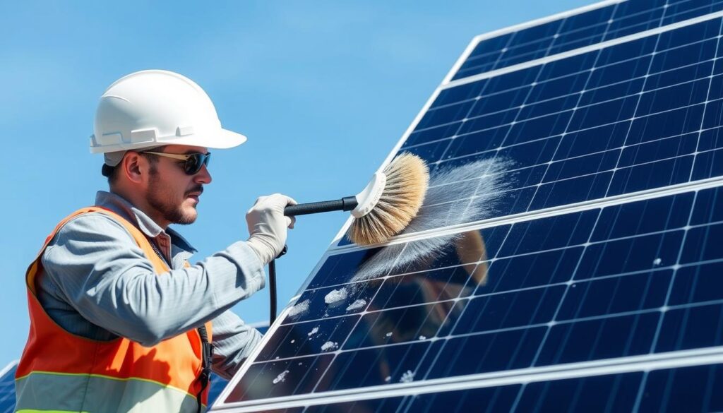 An image of a technician cleaning solar panels with a soft brush and eco-friendly cleaning solution.