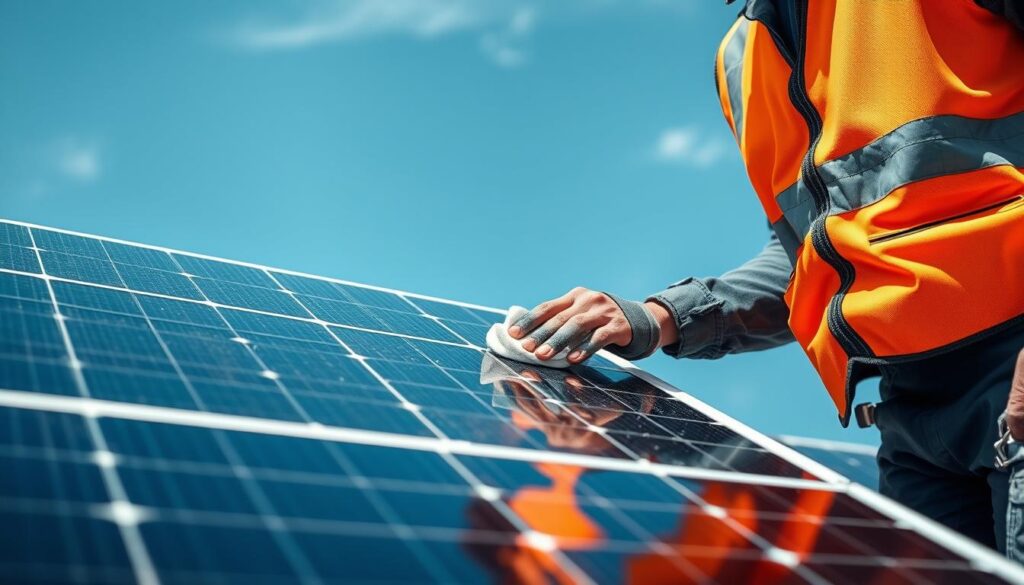 Detailed close-up of a technician inspecting and cleaning solar panels on a rooftop, with a clear blue sky in the background. The technician is wearing a safety vest and protective equipment, carefully wiping down the panels with a microfiber cloth to remove dust and debris. Bright sunlight casts long shadows, highlighting the textured surface of the solar panels. The composition emphasizes the importance of regular maintenance for optimal energy production and longevity of the solar installation. Crisp, high-resolution imagery with a focus on the technical aspects of solar panel upkeep.
