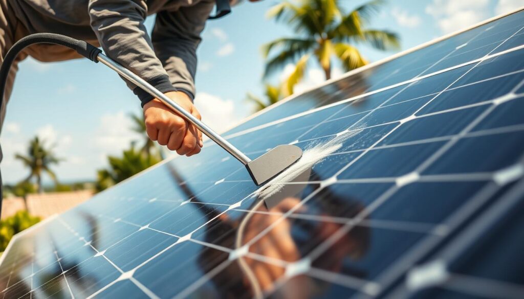 Detailed close-up view of a technician carefully cleaning a solar panel array on a sunny day in Port St. Lucie, Florida. The panels are situated on a residential rooftop, with lush greenery and palm trees visible in the background. Warm, natural lighting illuminates the scene, highlighting the intricate metal framework and glass surfaces of the panels. The technician, wearing protective gear, is using a specialized cleaning tool to meticulously remove dust and grime, ensuring maximum efficiency and energy output for the homeowner.